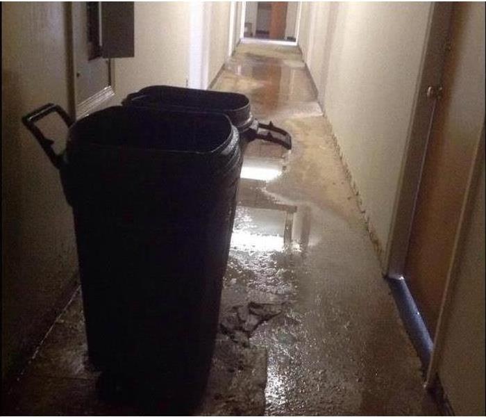 Plastic garbage can in a hallway with standing water